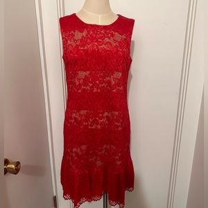 Lace Dress, Nine West Size 8 Red Sleeves Lace Dress, Nylon